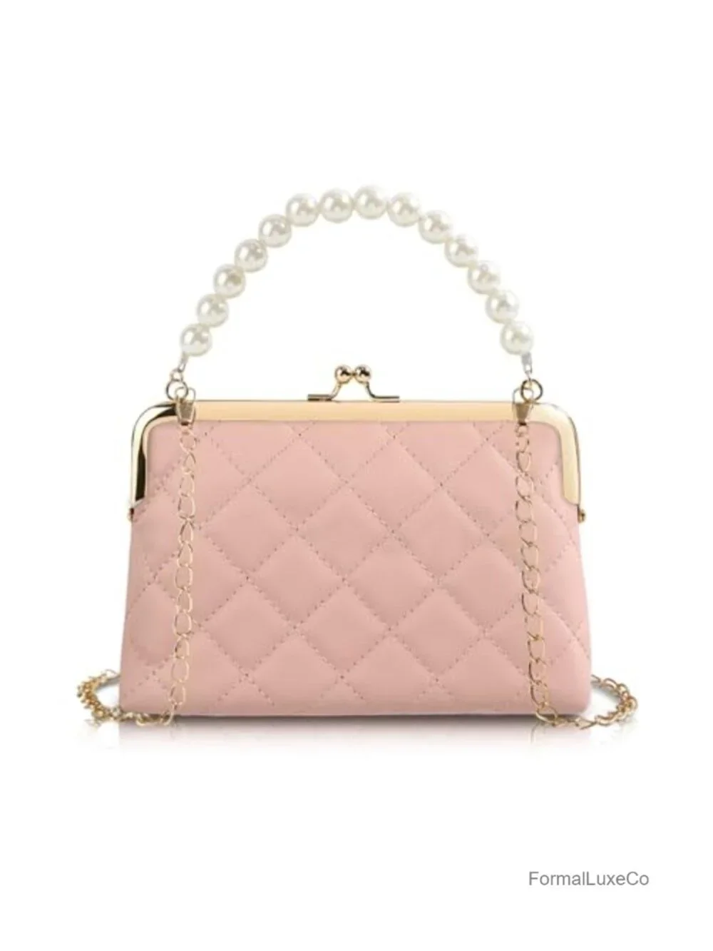 Quilted Faux Leather Crossbody Bag with Pearl Handle, Detachable Chain Strap,